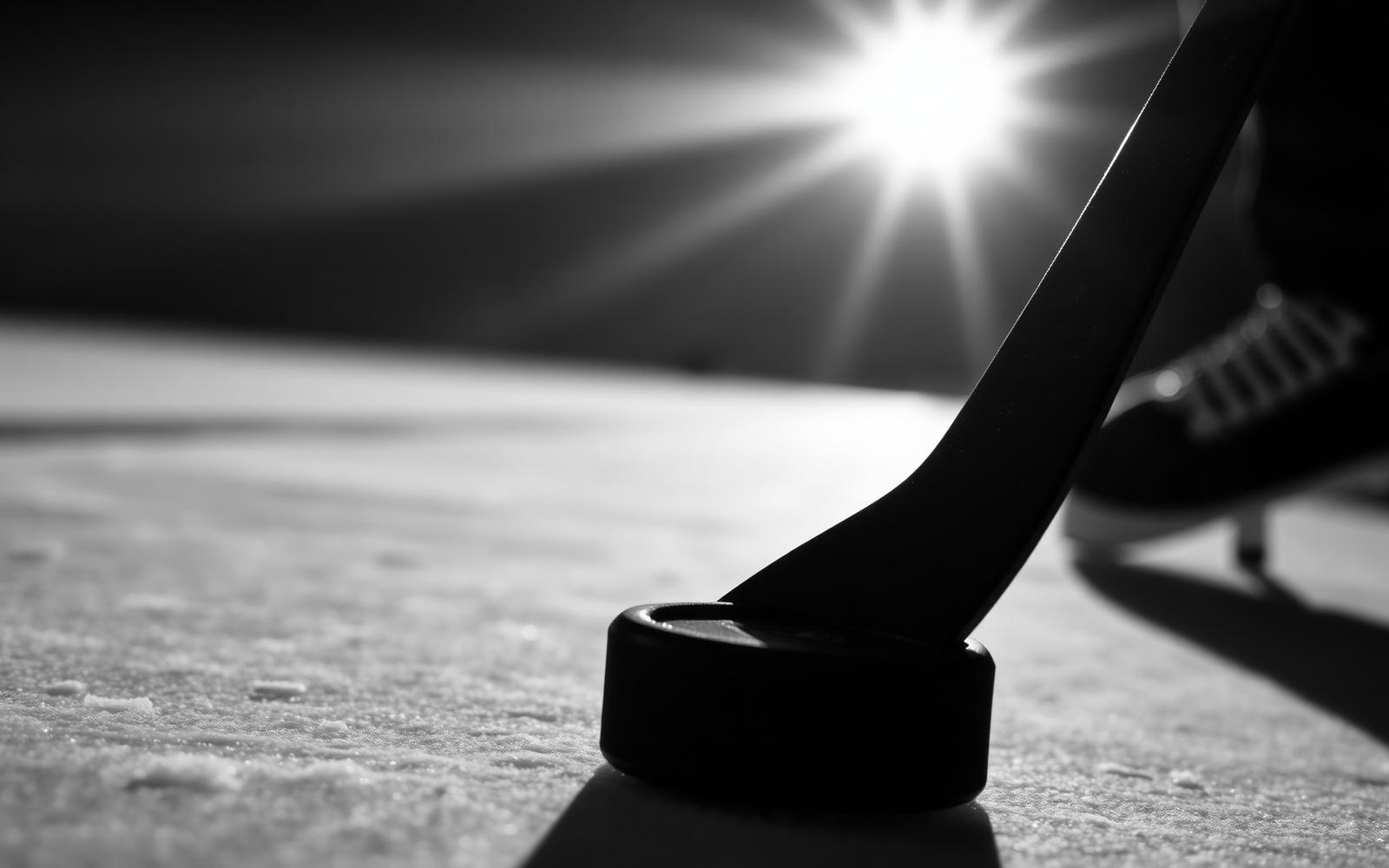 Hockey stick and puck on ice